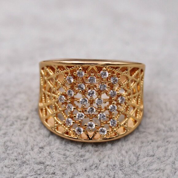 18K Yellow Gold Filled Wide Band Web White Diamond Zircon Ring Gorgeous Gift - Picture 10 of 12